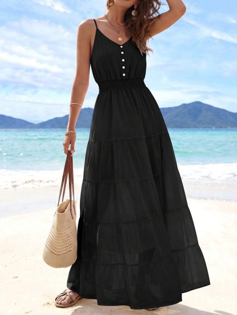 Sleeveless Black Maxi Dress with Smocked Waist